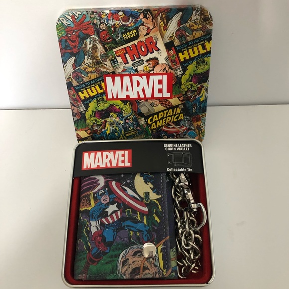 Marvel Genuine Leather Chain Wallet In Tin NWT - Picture 2 of 8
